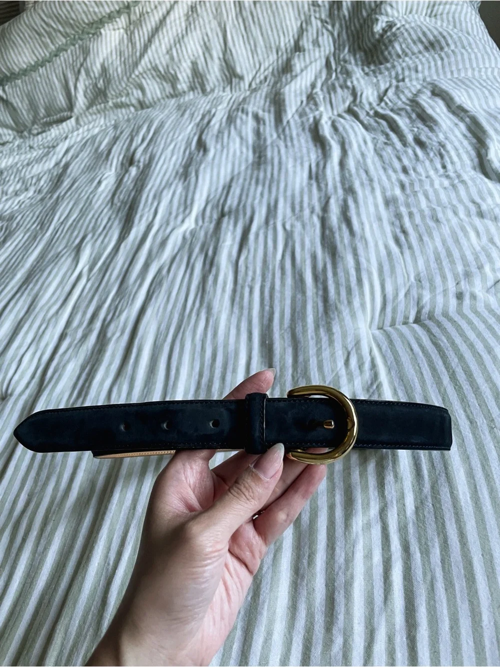 Brooks Brothers Navy Suede Gold Tone Horseshoe Buckle Leather Belt Size S Butter